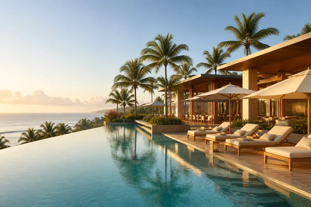 Serene hospitality resort with an infinity pool and tropical landscaping